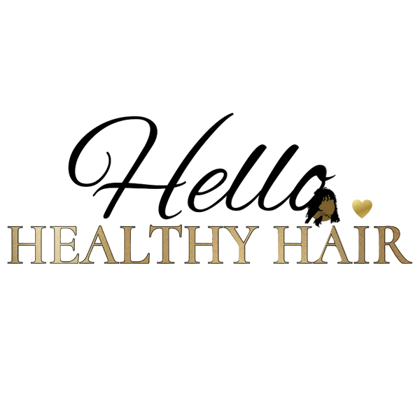 Logo for 'Hella Healthy Hair' with a stylized text and heart symbol on a white background.